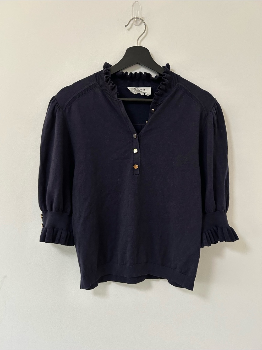 ba&sh Navy sera‎ Ruffle Collar Button Pullover sweater stretch large gold button